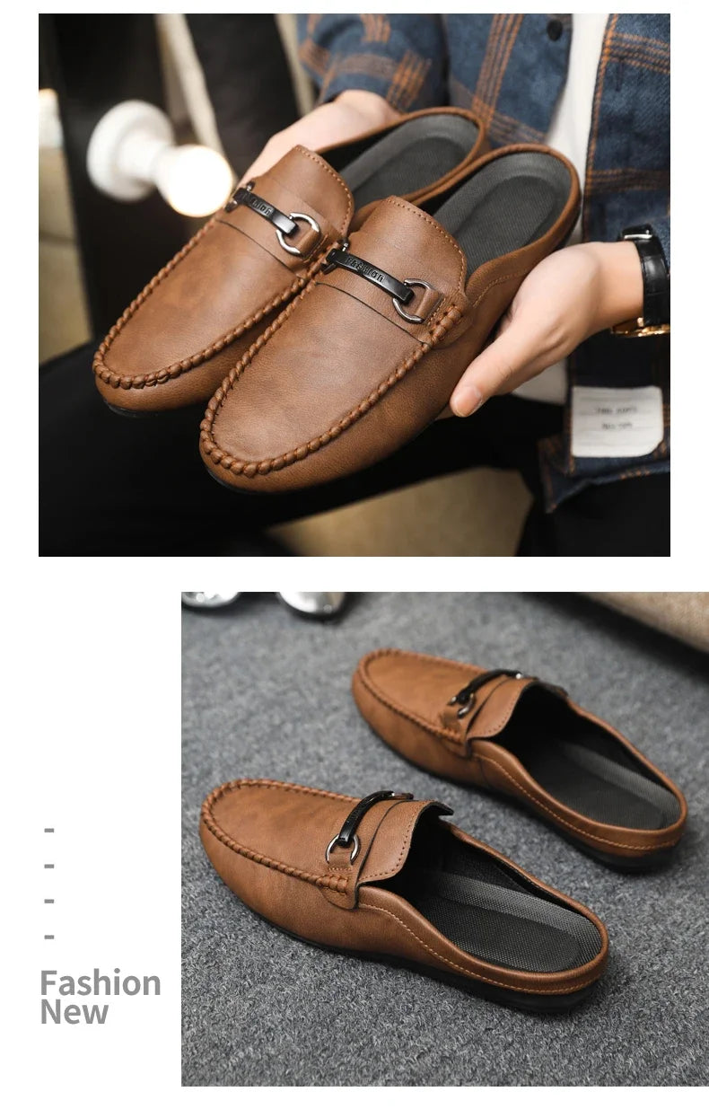 Summer Half Shoes For Men Comfortable Leather Casual Shoes Soft Flat Men's Loafers Lightweight Slip-on Shoes Man Daily Slippers