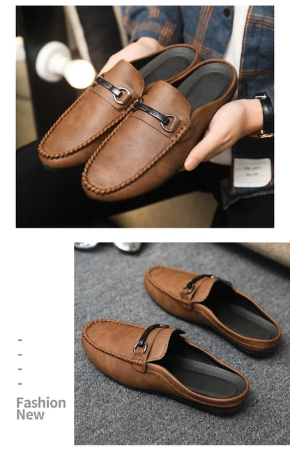 Summer Half Shoes For Men Comfortable Leather Casual Shoes Soft Flat Men's Loafers Lightweight Slip-on Shoes Man Daily Slippers