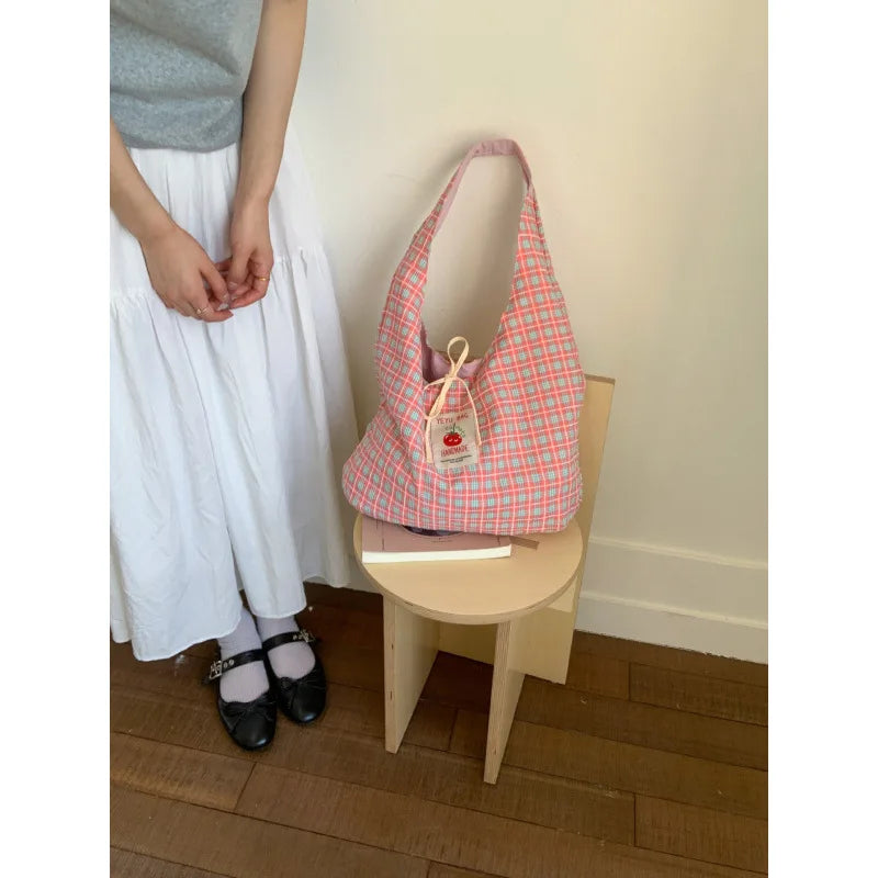 Cartoon Tomato Standard Plaid Vest Bag Large-Capacity Student Class Double-sided Backpack Fashionable Versatile Shoulder Bag