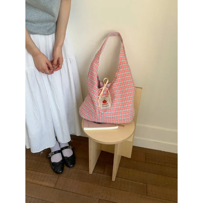 Cartoon Tomato Standard Plaid Vest Bag Large-Capacity Student Class Double-sided Backpack Fashionable Versatile Shoulder Bag
