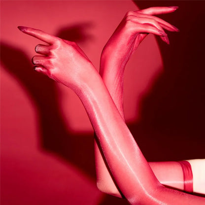 Sexy Women 1D Thin Glove Elastic Oil Glossy Shiny Long Finger Glove Sheer See Through Long Glove Driving Dance Gloves