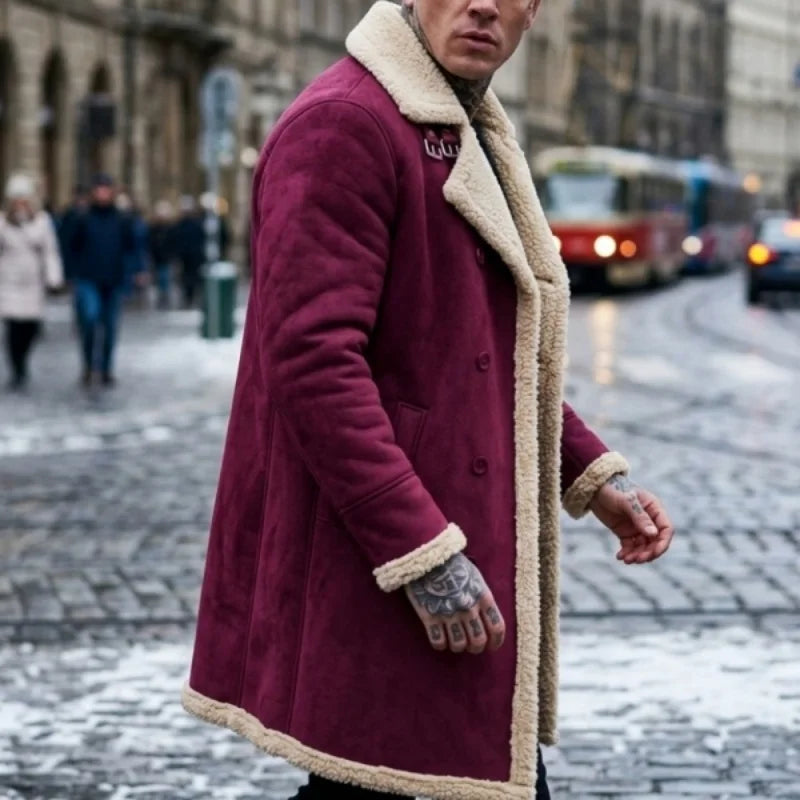 New Arrival Men’s Winter Jacket Windproof Fleece-Lined Mid-Length Faux Suede Coat with Faux Fur Lining Men’s Winter Coat