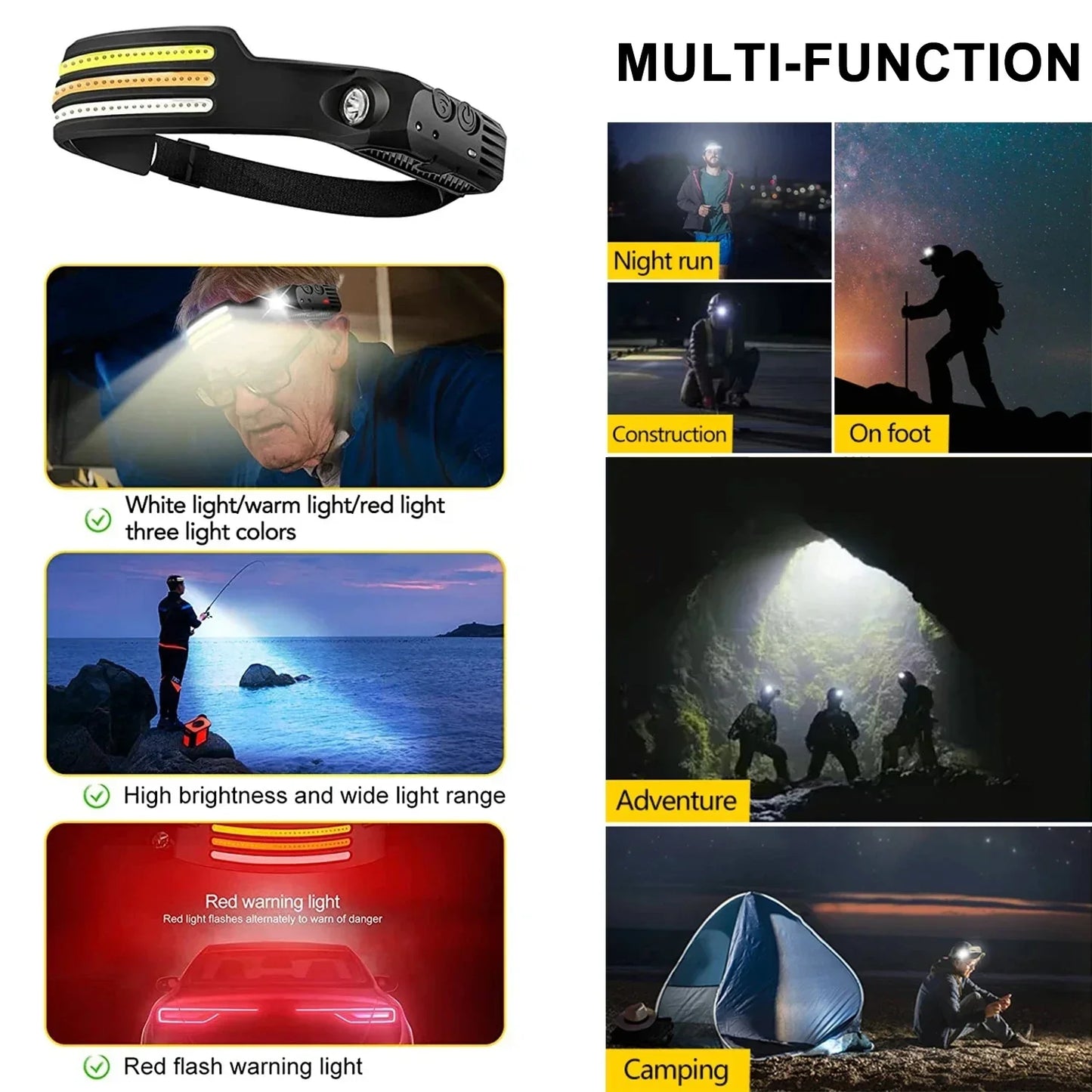 Czołówka USB, ładowalna, indukcyjna, z czujnikiem COB LED, wbudowana bateria, latarka, 5 trybów świecenia, reflektor