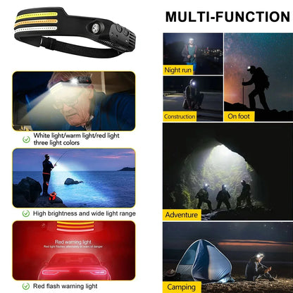 Czołówka USB, ładowalna, indukcyjna, z czujnikiem COB LED, wbudowana bateria, latarka, 5 trybów świecenia, reflektor