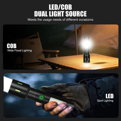 LED+COB Portable Flashlight Zoomable Small Torch USB Rechargeable Outdoor Camping Fishing Long Range Camping Emergency Lantern