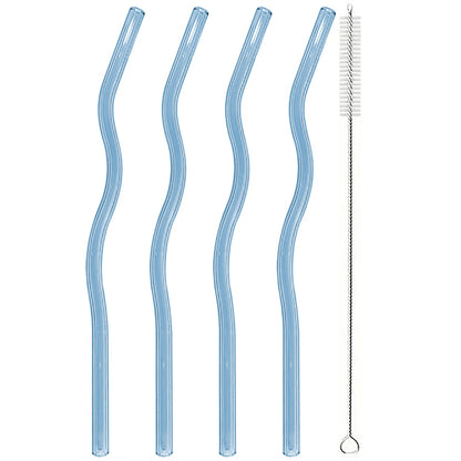 4pcs 200*8mm Glass Straws Wavy Colorful Drinking Straw Set with Brush High Borosilicate Glass Straw Kitchen Party Bar Drinkware
