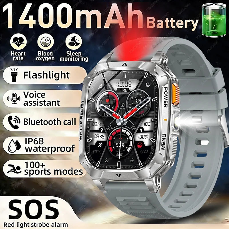 New Rugged Military Smart Watch Men 1400 mAh battery 2.01inch Bluetooth Call Health monitoring device LED flashlight Smart watch