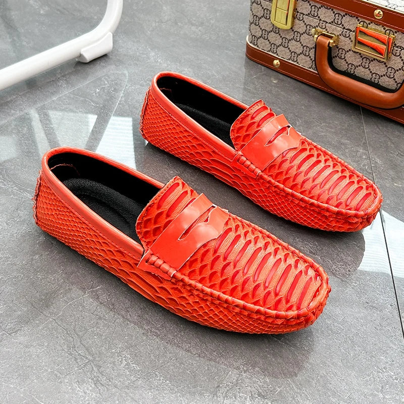 Men White Snake Pattern Loafers Penny Slip On Driving Shoes Casual Business Moccasins Breathable Male Footwear