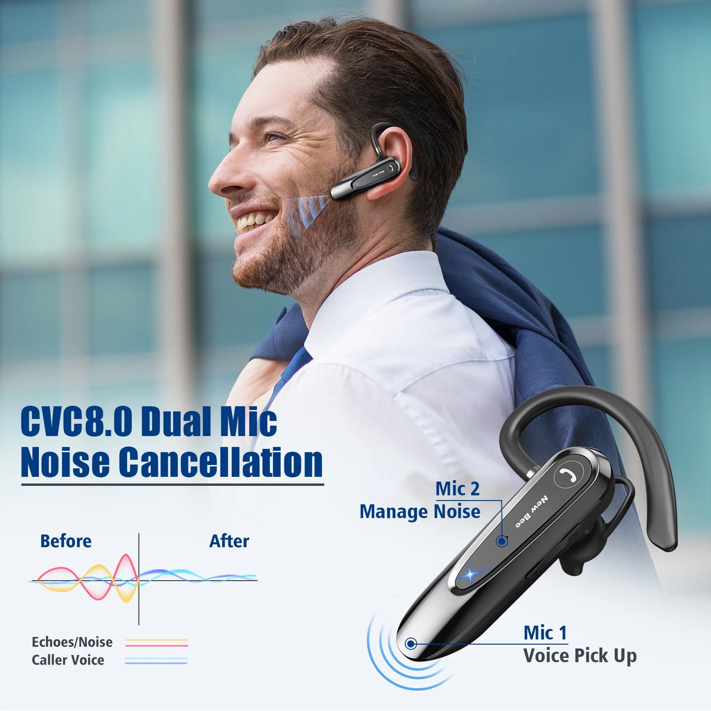 New Bee B45 Bluetooth 5.0 Headset Wireless Earphone Headphones with Dual Mic Earbuds Earpiece CVC8.0 Noise Reduction for Driving