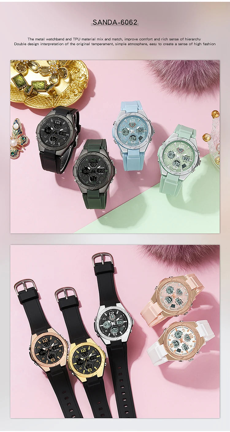 SANDA Luxury Ms LED Digital Sport Watch Fashion Casual Gold Wrist Watch Women Girl Military Waterproof Quartz Wristwatches 6062