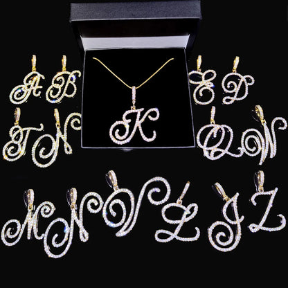 Fashion 26 Cursive Initial Letter Zircon Pendant Necklace For Women Shiny Crystal Alphabet Rope Chain Necklace Hip Hop Jewelry