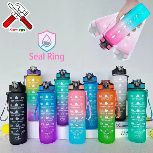 1L Water Bottle Gradient Color Motivational Sports Water Bottle with Time Marker Leak-proof Cup for Office Gym Outdoor Camping