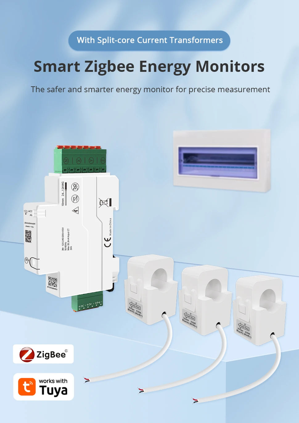 Zemismart 120A Zigbee WiFi 3 Phase Energy Meter Smart Din-rail Power Monitor Withdrawable Split-core CTs Works with Tuya App