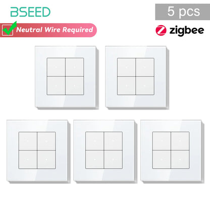 Bseed Zigbee Button Switchs Need Neutral Wire Tuya Smart Life Alexa App Control Glass Frame 86*86mm White Light Switch