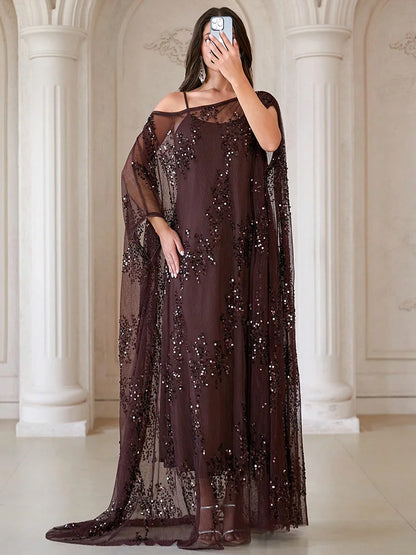 TOLEEN Elegant Round Batwing Sleeve Women's Robe, Decorated With Contrast Sequins And Ruffle Details, Non-Stretch Fabric Spring
