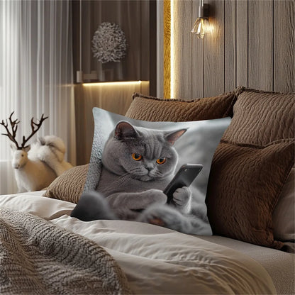 Pillow Case Shorthaired Silvery Grey Cat On Armchair with Phone Throw Pillow Covers Fashion Pillowcase 45x45cm Home Decor