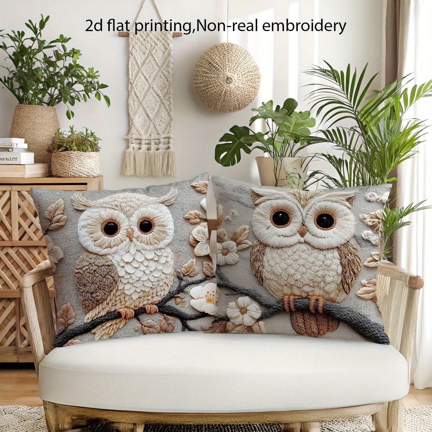 2pcs Rustic Owl Lumbar Throw Pillow Covers Neutral Tone Floral Branch Decorative Pillowcases for Sofa Bedroom Living Room