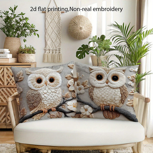 2pcs Rustic Owl Lumbar Throw Pillow Covers Neutral Tone Floral Branch Decorative Pillowcases for Sofa Bedroom Living Room