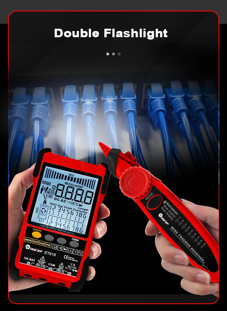 TOOLTOP Tester kabli sieciowych Multimetr Śledzenie kabli LAN Test POE Pomiar długości 400M/600M Regulowana czułość Szukacz kabli