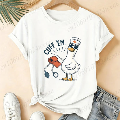 Women Funny Cuff 'Em Duck Nurse T‑Shirt Cute Cartoon Duck Blood Pressure Print Short Sleeve Tops Nurse Appreciation Gift Tees