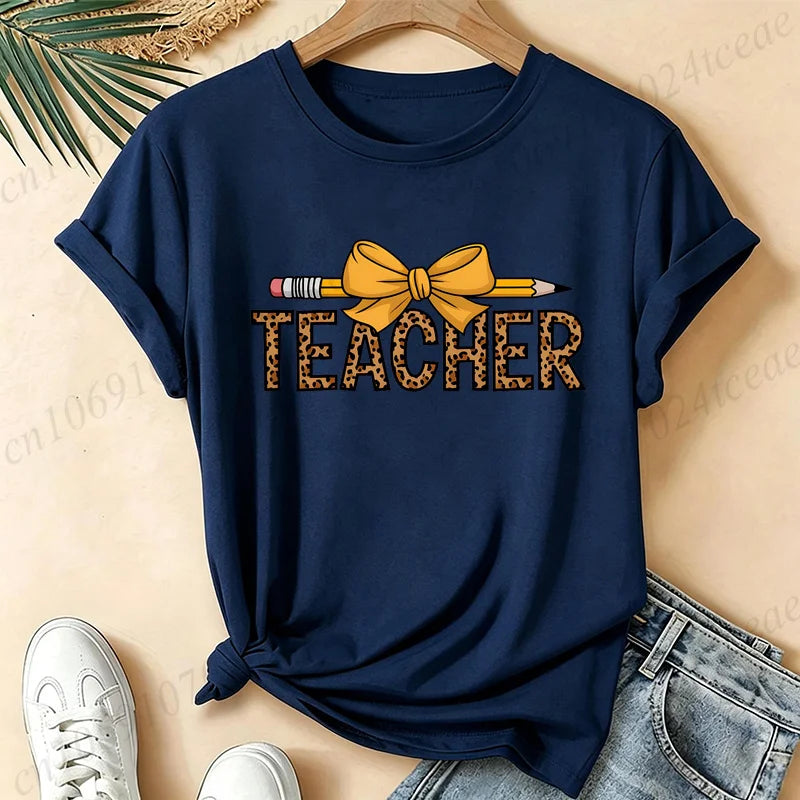 Leopard Teacher Pencil Bow Graphic T Shirt Women Teacher Appreciation Gift Casual Tops Short Sleeve Women's T-Shirts Clothing