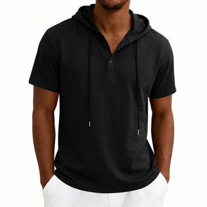 Summer Men's Short Sleeve Hooded T-Shirt Henry Neckline Drawstring Design Casual Loose Breathable Sporty Vest
