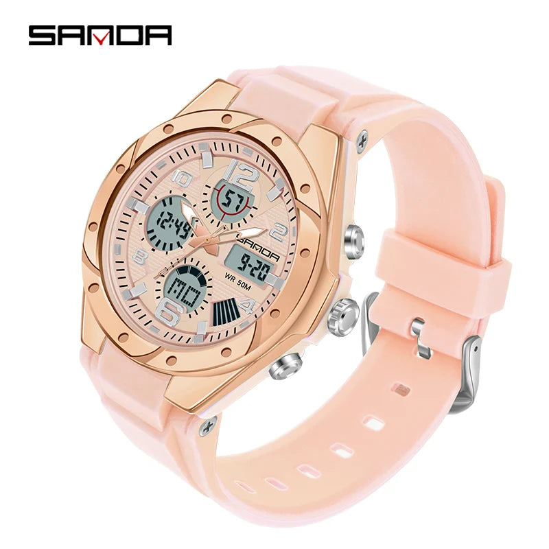 SANDA Luxury Ms LED Digital Sport Watch Fashion Casual Gold Wrist Watch Women Girl Military Waterproof Quartz Wristwatches 6062