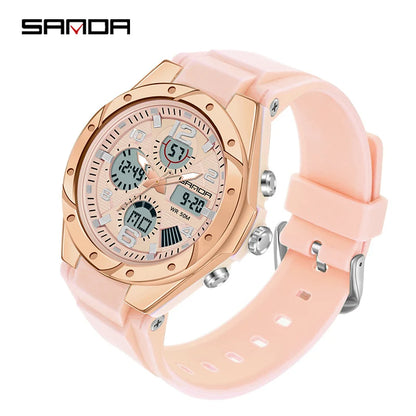 SANDA Luxury Ms LED Digital Sport Watch Fashion Casual Gold Wrist Watch Women Girl Military Waterproof Quartz Wristwatches 6062