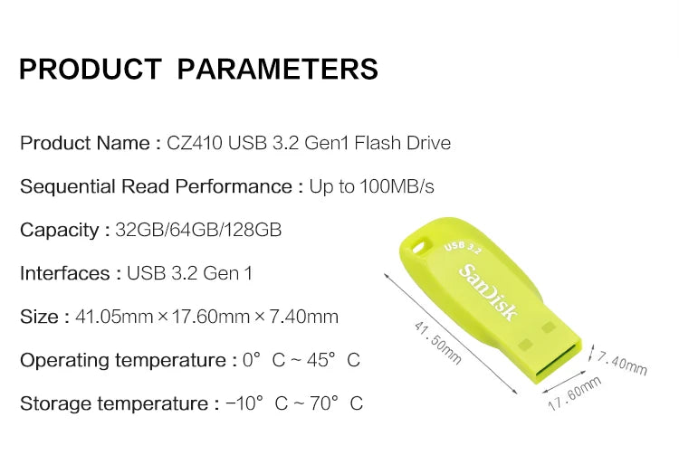 USB 3.2 Sandisk CZ410 USB Flash Drive 32GB 64GB 128GB High Speed Pen Drive Yellow Memory Stick Original pendrive Mini U Disk