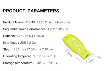 USB 3.2 Sandisk CZ410 USB Flash Drive 32GB 64GB 128GB High Speed Pen Drive Yellow Memory Stick Original pendrive Mini U Disk