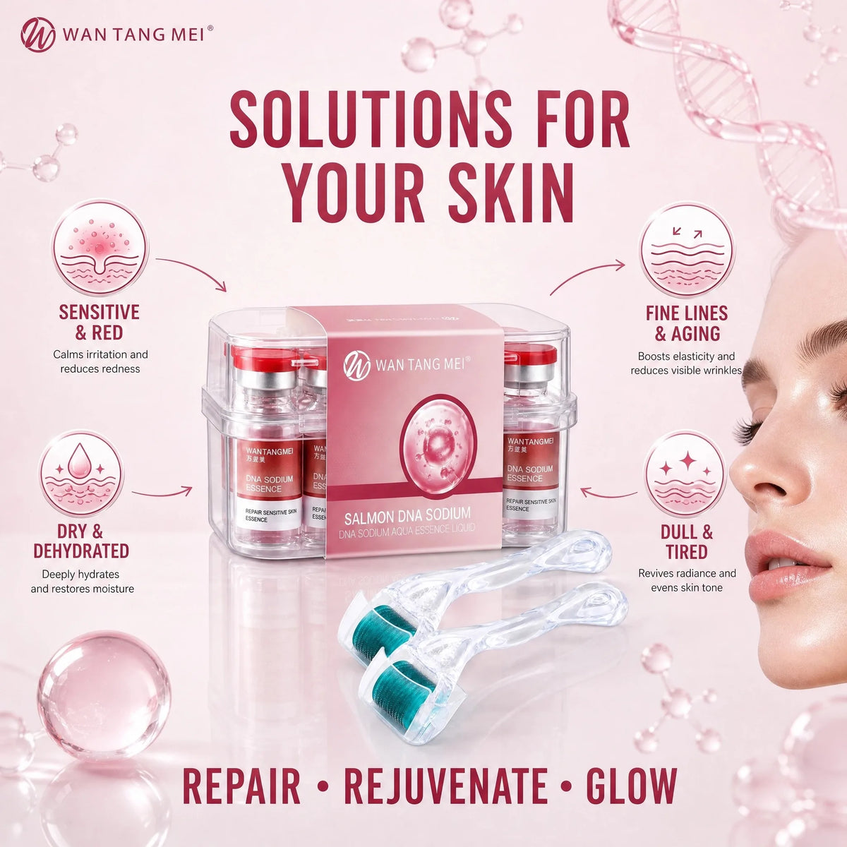 WANTANGMEI Sanwen Salmon DNA Sodium Serum with 0.25mm Micro-Needle Roller for Sensitive Skin: Hydrating and Anti-Aging Serum