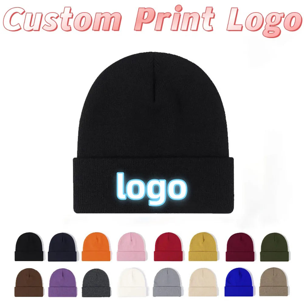 Customized Printed Logo Winter Knitted Keep Warm Cold Cap Unisex Solid Color Hip Hop Crochet Skull Beanie Hats