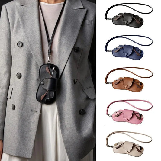 PU Leather Sunglasses Storage Bag with Lanyard Solid Color Sunglasses Pouch Portable Durable SunGlasses Holder