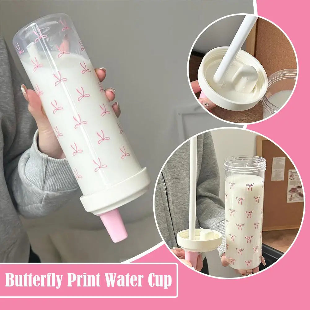 500/700Ml Pink Bow Water Cup With Straw Coffee Bubble Milk Tea Plastic Cup Large Capacity Students Water Bottle Straw Bottle
