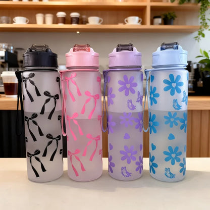 750ML Matte PC Water with Cute Bowknot Pattern Leakproof Includes Straw and Carry Handle Spring-Loaded Lid Bottle