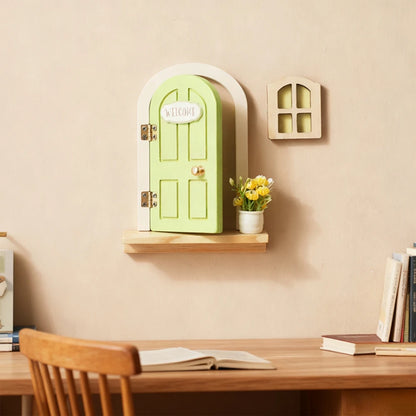 Wooden Elf Door Set Cartoon Room Decor Dollhouse Character Stickers Fairytale-Style Balcony Decor Hanging Ornaments Gift
