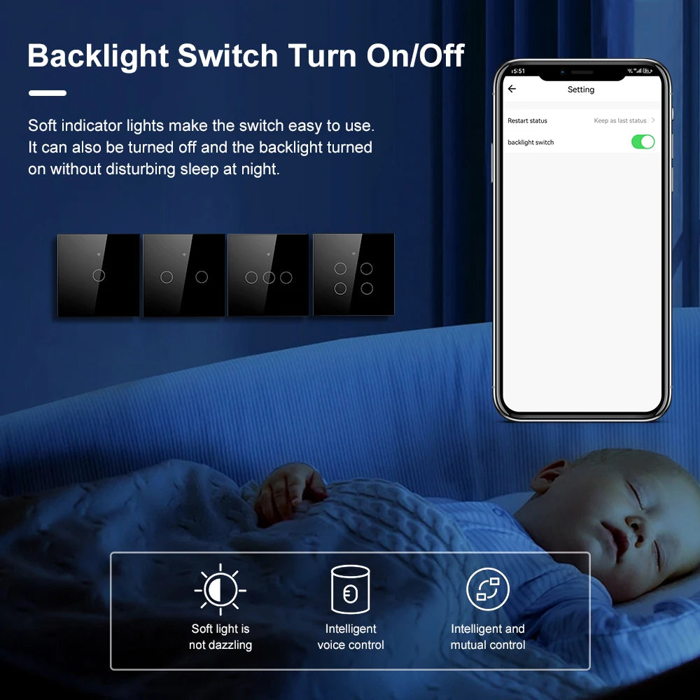 Tuya Smart Wifi Light Switch No Neutral Wire Touch Panel EU 1/2/3 Gang Wall Switch Wireless Control Voice Control Alexa Google