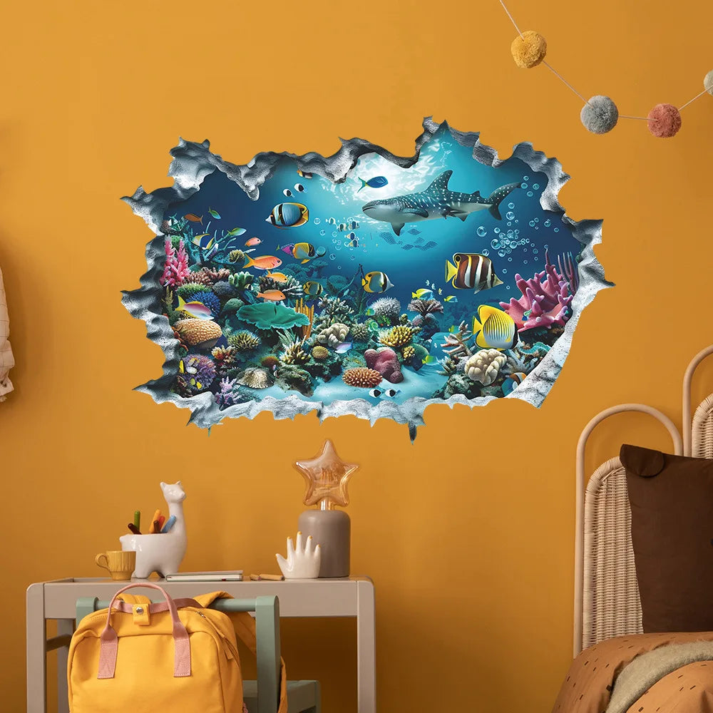 New 3D Wall Stickers Shark Broken Wall Aquarium Ocean Wall Stickers for Kids Rooms Bathroom Kitchen Home Decor Cartoon