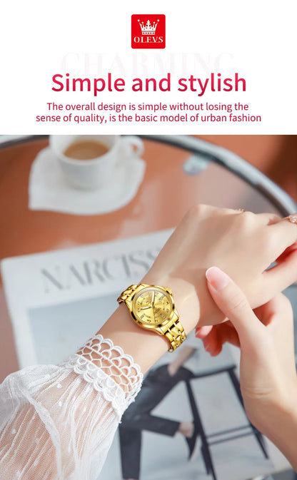 OLEVS 2910 Original Quartz Watches for Women Rhombus Steel Strap Waterproof Luminous Calendar Elegant Luxury Ladies Wristwatches