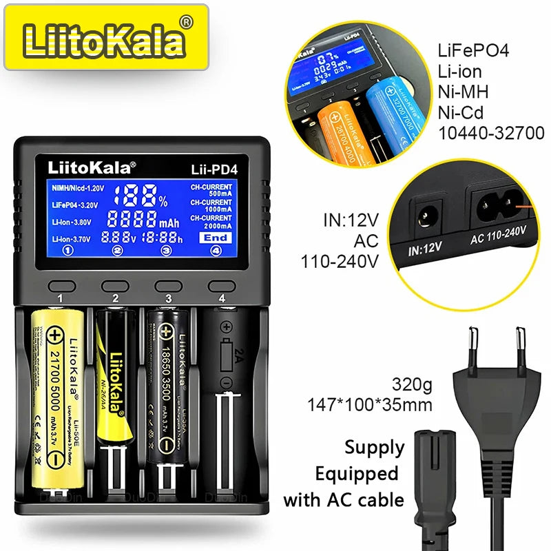 Ładowarka sieciowa LiitoKala Lii-PD4/PD2 LCD, szybkie ładowanie, 4/2 gniazda na akumulatory 21700/18650/AA/AAA, wielokrotne zabezpieczenia, automatyczne wykrywanie