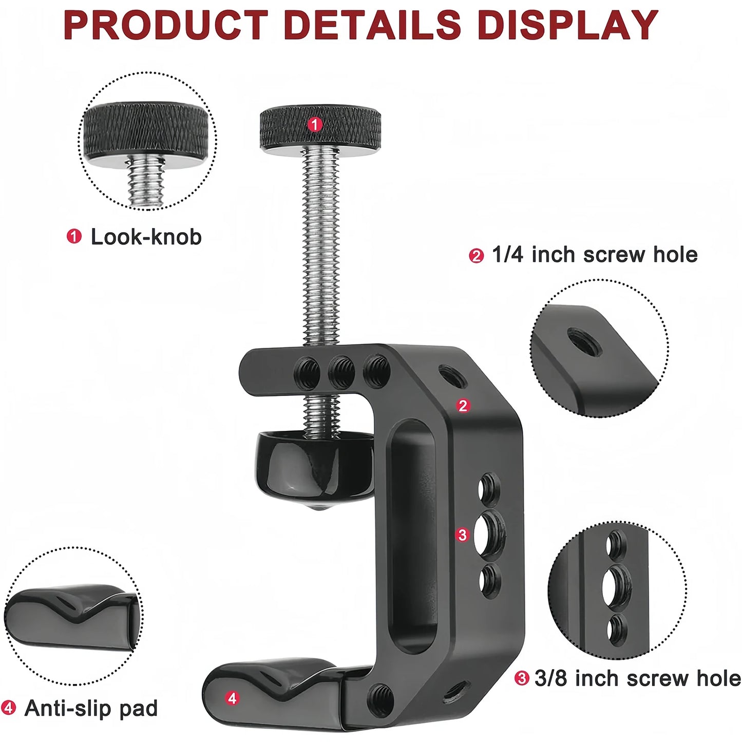 Lanxire Universal C Clamp Mount with 1/4" & 3/8" Threads, Heavy Duty Desktop Clamp for Mic/LCD Monitor/Webcam, Studio - 2Packs