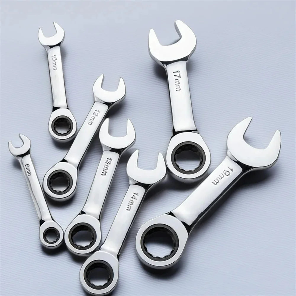 1Set 6mm-19mm Reversible Combination Stubby Single Wrench Stubby Combination 72 Tooth Ratchet Socket Spanner Nut Repair Tools
