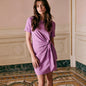 French Chic Side Twist Knot Mini Dress Women O Neck Short Sleeve Solid Color Wrap Dress Slim Fit Casual Holiday Short Robe