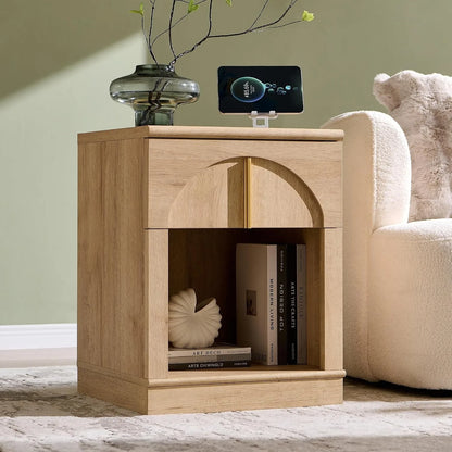 18Inch Modern Natural Oak Nightstand With Arched Panel Charging Station & Drawer Bedroom Bedside Side End Table, Customized