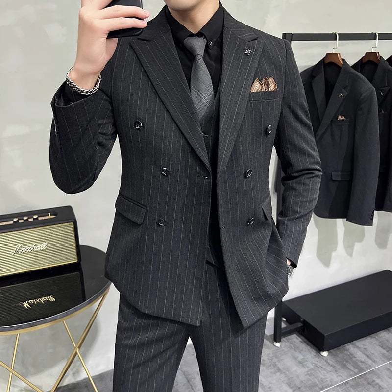 Slim Fit Double-breasted Striped Suit Vest Trousers 3-Piece Set Korean Fashion M-7XL Men's Fashionable Striped Three-piece Suit
