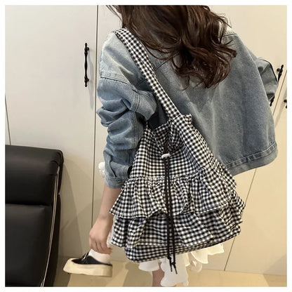 Cute Plaid Cotton Tote Bag Large Capaci Lace Trim Women's Summer 2026 Simple Lady Handbag Soft Shoulder Bags Bolsa Feminina