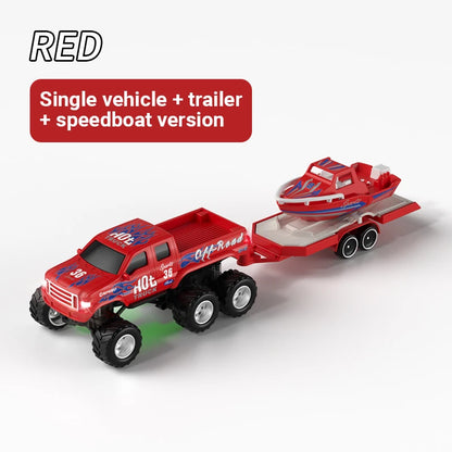 JJRC 1:64 Mini 6-Wheel Alloy RC Offroad Pickup Truck With Trailer & Speedboat Full Proportional Remote Control Car Boys Gift Toy