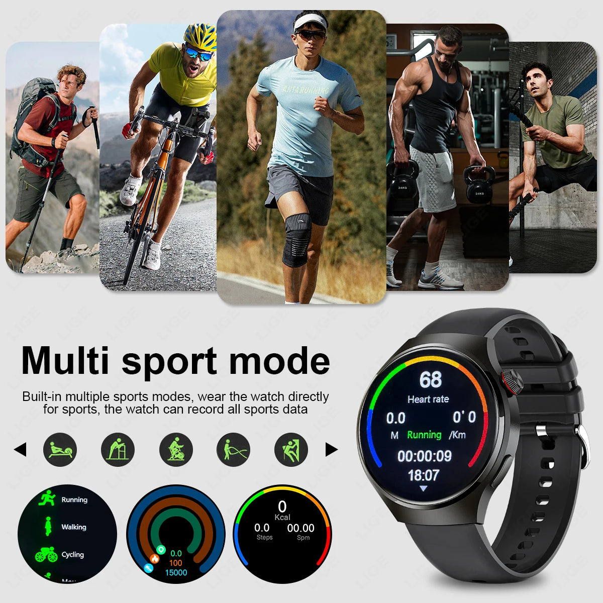 LIGE Men's Smart Watch Outdoor Sports Watches Heart Rate Blood Oxygen Monitoring Motion Trajectory Bluetooth Call Smartwatch