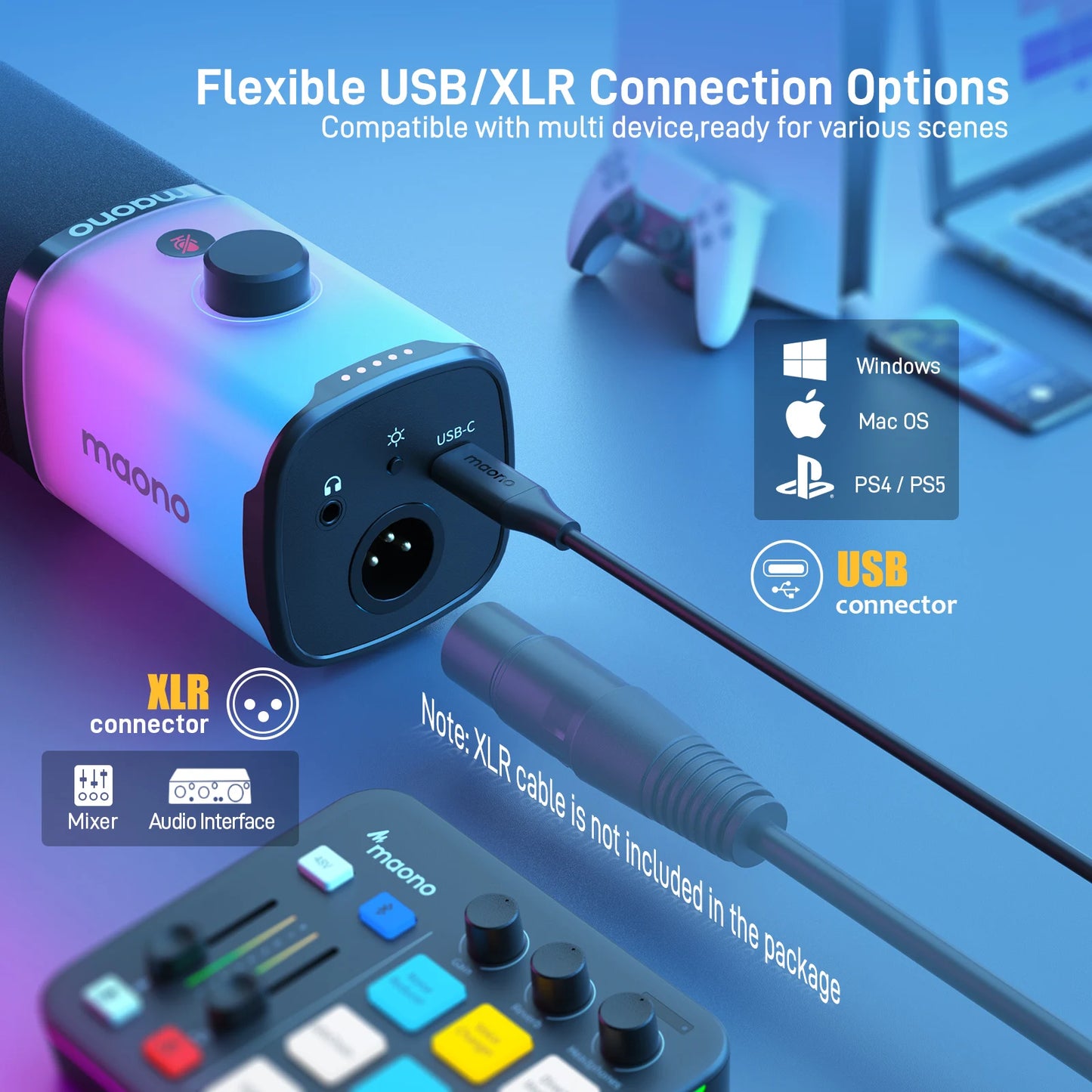 MAONO USB/XLR Gaming Microphone for PC PD100X Dynamic Microphone Noise Reduction Headphone Jack RGB for Streaming Podcasting