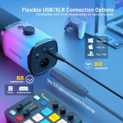 MAONO USB/XLR Gaming Microphone for PC PD100X Dynamic Microphone Noise Reduction Headphone Jack RGB for Streaming Podcasting